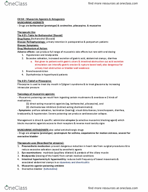 PHA 3112 Chapter Notes - Chapter 14-16: Acetylcholinesterase Inhibitor, Muscarinic Agonist, Cholinergic thumbnail