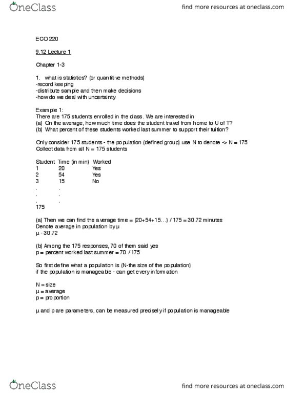 ECO220Y1 Lecture Notes - Lecture 1: Qualitative Property, Statistical Inference, Descriptive Statistics thumbnail