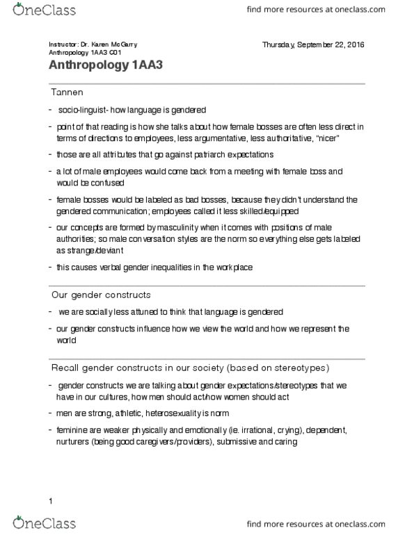 ANTHROP 1AA3 Lecture Notes - Lecture 6: Menstruation, Sociolinguistics, Heterosexuality thumbnail