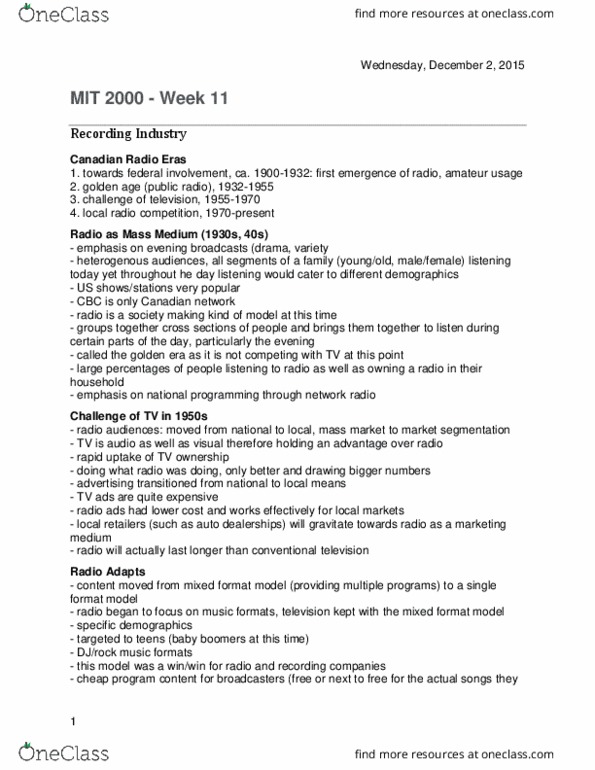 Media, Information and Technoculture 2000F/G Lecture Notes - Lecture 11: Transistor Radio, Music Of Canada, Market Segmentation thumbnail