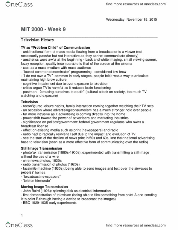 Media, Information and Technoculture 2000F/G Lecture Notes - Lecture 9: Vladimir K. Zworykin, Fax, Cathode Ray thumbnail