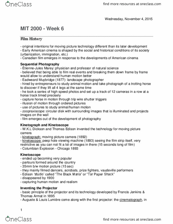 Media, Information and Technoculture 2000F/G Lecture Notes - Lecture 6: Eadweard Muybridge, Edison Studio, Thomas Edison thumbnail