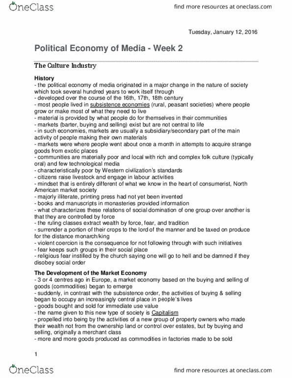 Media, Information and Technoculture 2100F/G Lecture Notes - Lecture 2: Culture Industry, Labour Power, Industrial Revolution thumbnail