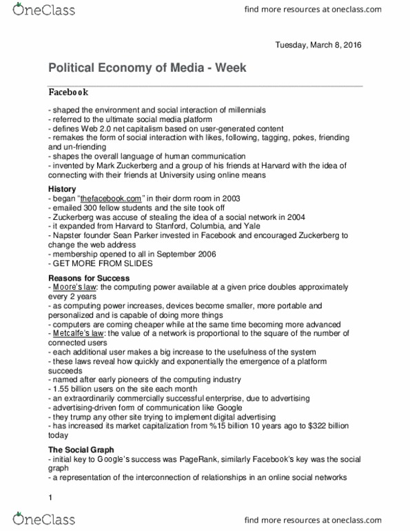 Media, Information and Technoculture 2100F/G Lecture Notes - Lecture 9: Social Networking Service, Mark Zuckerberg, Social Graph thumbnail