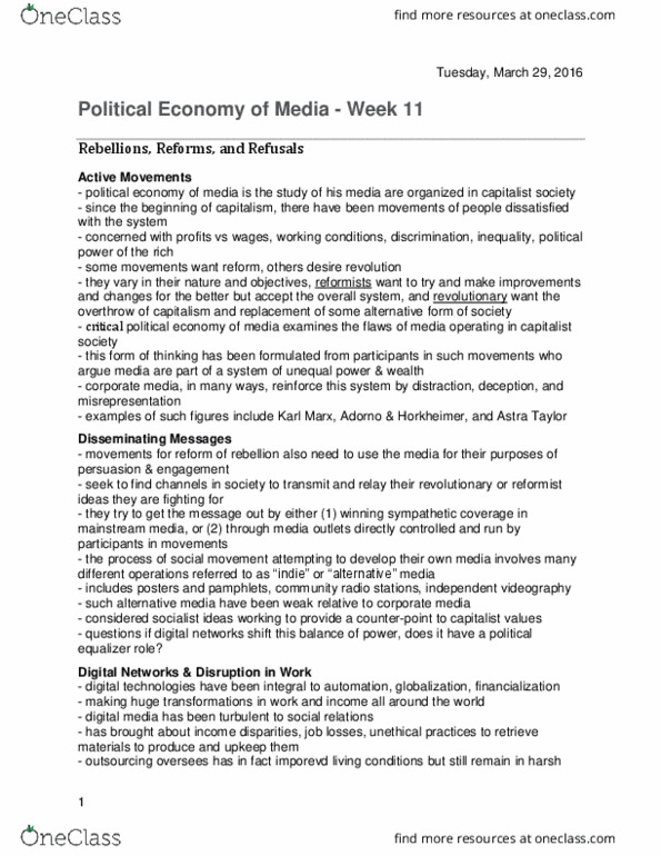 Media, Information and Technoculture 2100F/G Lecture Notes - Lecture 11: Alter-Globalization, Astra Taylor, Independent Media Center thumbnail