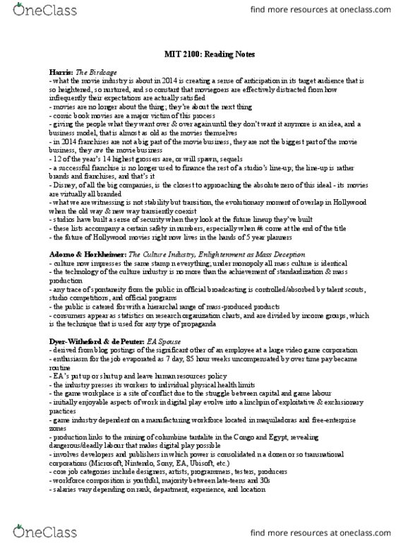 Media, Information and Technoculture 2100F/G Chapter Notes - Chapter 1-11: Web 2.0, Game Players, Culture Industry thumbnail