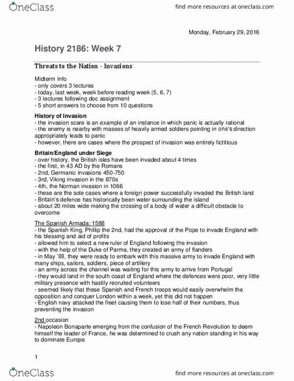History 2186A/B Lecture Notes - Lecture 7: Royal Military Canal, British Land, Operation Sea Lion thumbnail