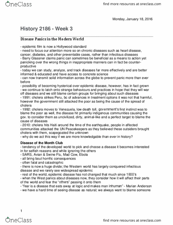 History 2186A/B Lecture Notes - Lecture 3: Bovine Spongiform Encephalopathy, Severe Acute Respiratory Syndrome, Insomnia thumbnail