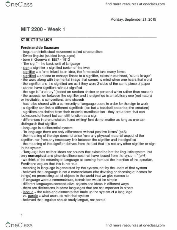Media, Information and Technoculture 2200F/G Lecture Notes - Lecture 1: Integrability Conditions For Differential Systems, Linguistic System, Roland Barthes thumbnail