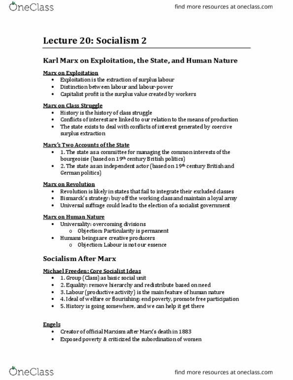 Political Science 1020E Lecture Notes - Lecture 20: Surplus Labour, Universal Suffrage, Class Conflict thumbnail