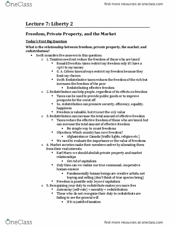 Political Science 1020E Lecture Notes - Lecture 7: Ronald Dworkin, Positive Liberty, Totalitarianism thumbnail