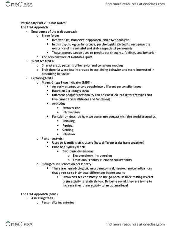 PSY 101 Lecture Notes - Lecture 17: Julian Rotter, Gordon Allport, Albert Bandura thumbnail