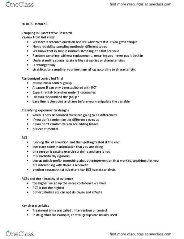 HLTB15H3 Lecture Notes - Lecture 8: Simple Random Sample, Blind Experiment, Adme thumbnail