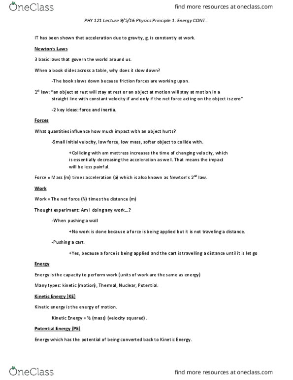 PHY 121 Lecture Notes - Lecture 3: Net Force, Mattress, Thought Experiment thumbnail