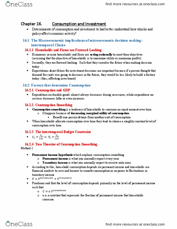 ECON 2000 Chapter Notes - Chapter 16 : Permanent Income Hypothesis, Franco Modigliani, Consumption Smoothing thumbnail