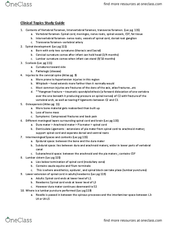 ZOO 3733C Lecture Notes - Lecture 11: Arachnoid Mater, Lumbar Puncture, Dura Mater thumbnail