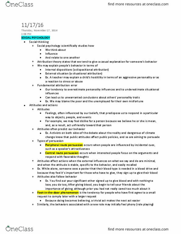 PSYC 111 Lecture Notes - Lecture 20: Fundamental Attribution Error, Dispositional Attribution, Social Influence thumbnail