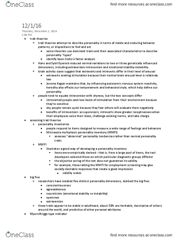 PSYC 111 Lecture Notes - Lecture 23: Minnesota Multiphasic Personality Inventory, Jerome Kagan, Albert Bandura thumbnail