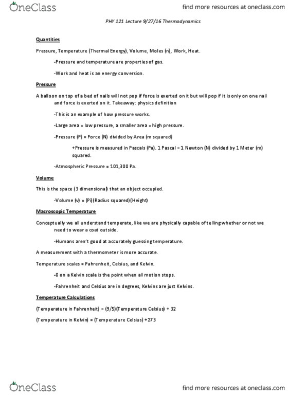 PHY 121 Lecture Notes - Lecture 8: Kelvin, Thermodynamics, Ideal Gas thumbnail