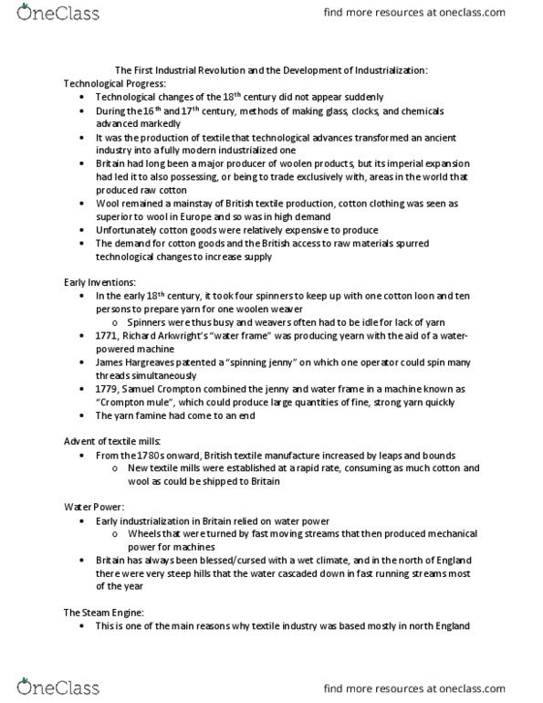 HISTORY 1DD3 Lecture Notes - Lecture 20: Boulton And Watt, Industrial Revolution, Samuel Crompton thumbnail