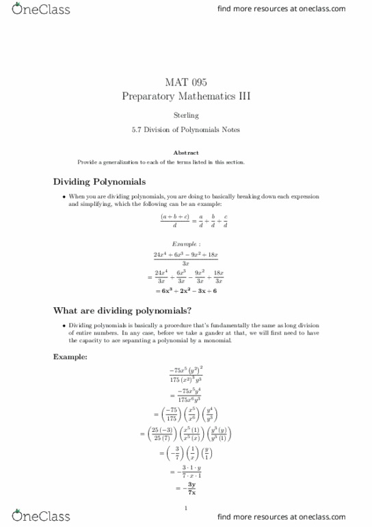 MAT 095 Lecture 20: 5.7 Division of Polynomials Notes thumbnail