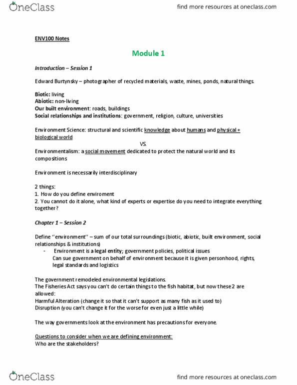 ENV100Y5 Lecture Notes - Lecture 1: Radiation Pressure, Millennium Ecosystem Assessment, Nitrogen Dioxide thumbnail