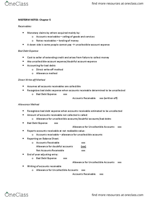 COMMERCE 1AA3 Chapter Notes - Chapter 5: Accounts Receivable, Income Statement thumbnail