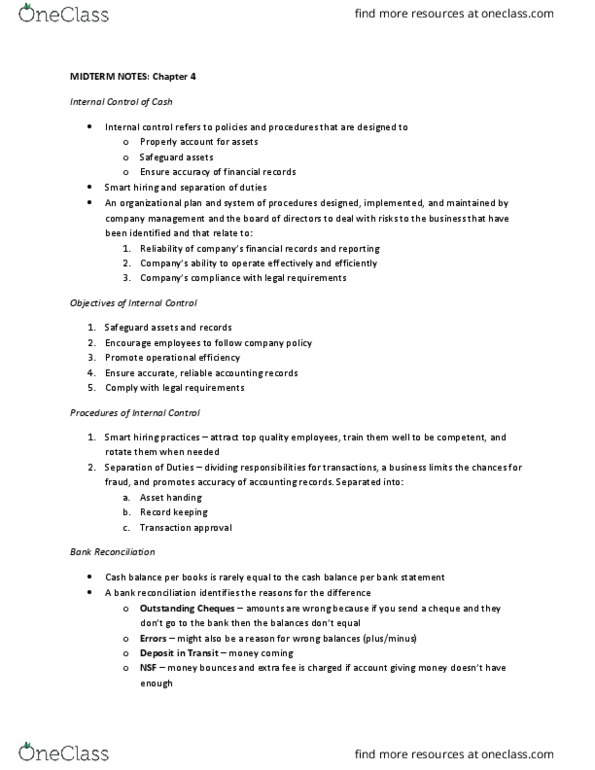 COMMERCE 1AA3 Chapter Notes - Chapter 4: Bank Reconciliation, Internal Control, Bank Statement thumbnail