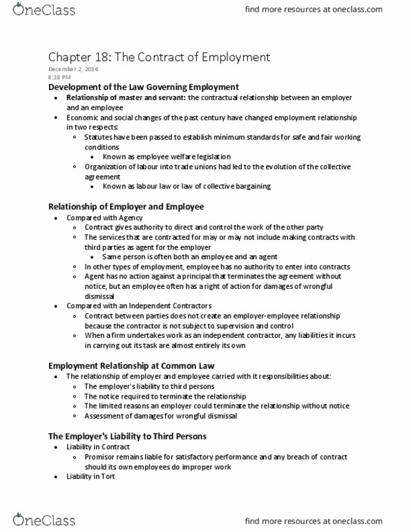 BU231 Chapter Notes - Chapter 18: Wrongful Dismissal, The Employer, Constructive Dismissal thumbnail