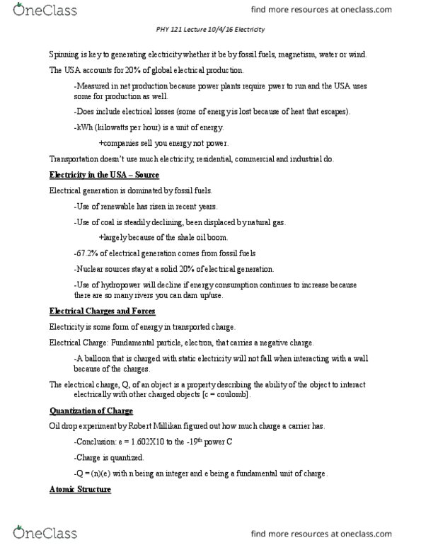 PHY 121 Lecture Notes - Lecture 10: Oil Drop Experiment, Robert Andrews Millikan, Kilowatt Hour thumbnail