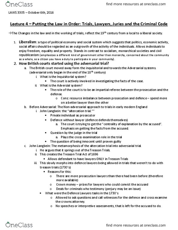 LAWS 3305 Lecture Notes - Lecture 4: 1956 Treason Trial, Inquisitorial System, Cross-Examination thumbnail