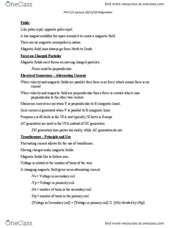 PHY 121 Lecture Notes - Lecture 12: Magnetic Monopole, Electric Generator thumbnail