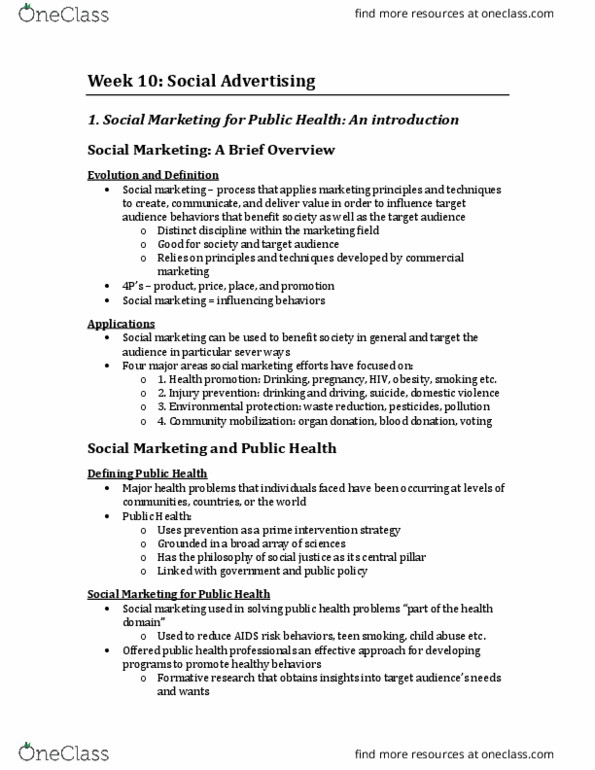 Sociology 2172A/B Chapter Notes - Chapter 10: Social Marketing, Beck, Public Health thumbnail