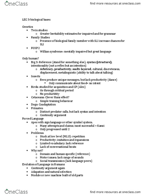 PSY 3136 Lecture Notes - Lecture 5: Kanzi, Foxp2, Twin Study thumbnail