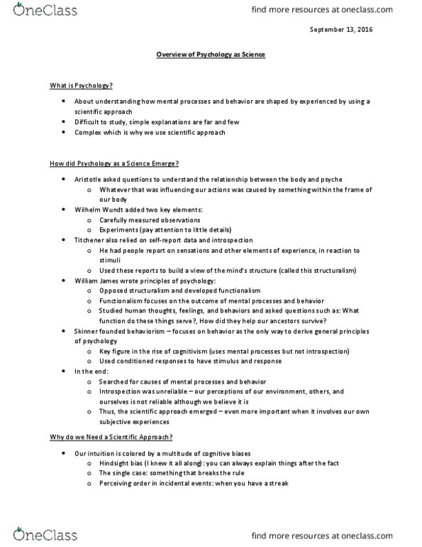 PSYC 1000 Lecture Notes - Lecture 2: Edward B. Titchener, Knowledge Mobilization, Hindsight Bias thumbnail