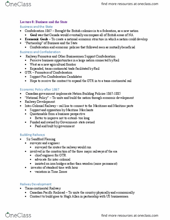 HIST113 Lecture Notes - Lecture 8: Sandford Fleming, Central Canada, Canadian Pacific Railway thumbnail