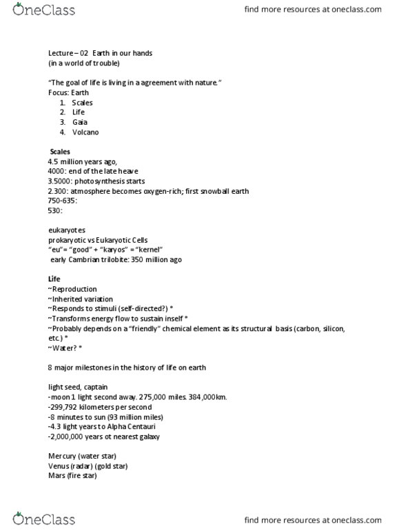 ENVS 1000 Lecture Notes - Lecture 2: Snowball Earth, Fomalhaut, Trilobite thumbnail