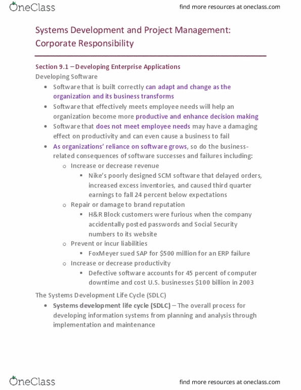 MIS 180 Lecture Notes - Lecture 9: Project Management Institute, Rational Unified Process, Systems Development Life Cycle thumbnail