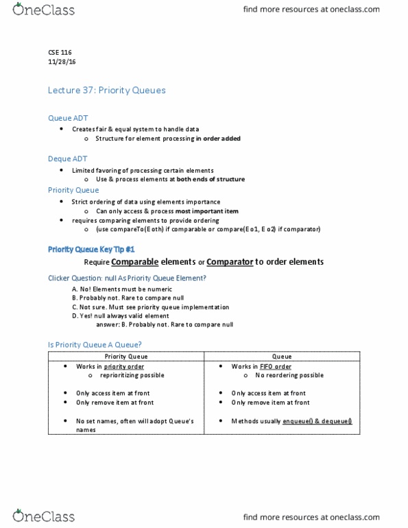 CSE 116 Lecture Notes - Lecture 37: Priority Queue, Comparator thumbnail