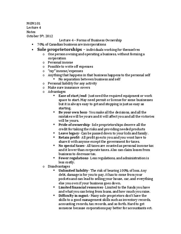 MGM101H5 Lecture Notes - Double Taxation, Master Limited Partnership, Sole Proprietorship thumbnail