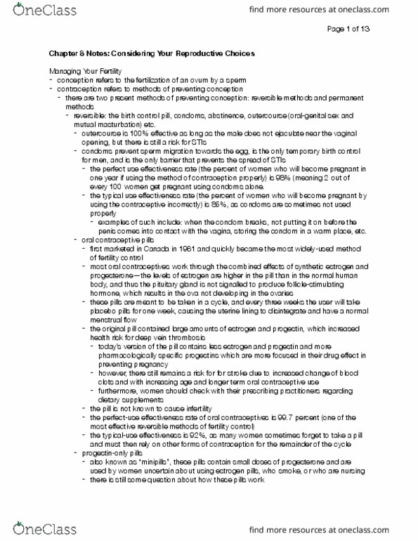 Health Sciences 2000A/B Chapter Notes - Chapter 8: Medical Abortion, Tubal Ligation, Combined Oral Contraceptive Pill thumbnail