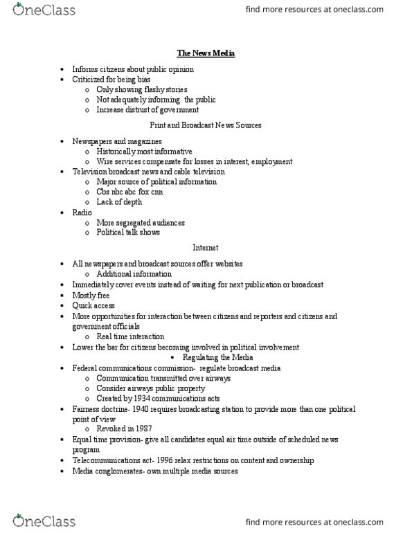 POL 10100 Lecture Notes - Lecture 15: Fairness Doctrine, Federal Communications Commission thumbnail