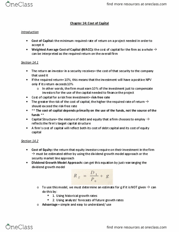 FIN20150 Chapter Notes - Chapter 14: Risk Premium, Capital Structure, Capital Asset Pricing Model thumbnail