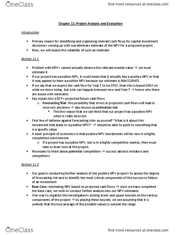 FIN20150 Chapter Notes - Chapter 11: Net Present Value, Scenario Analysis, Cash Flow thumbnail