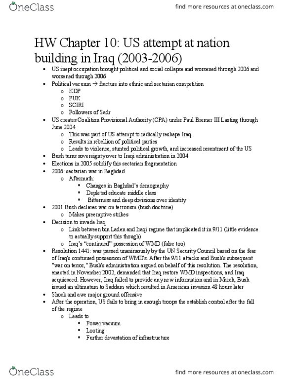 HISTORY 241 Chapter Notes - Chapter 10 : Iraqi Interim Government, Coalition Provisional Authority, Paul Bremer thumbnail