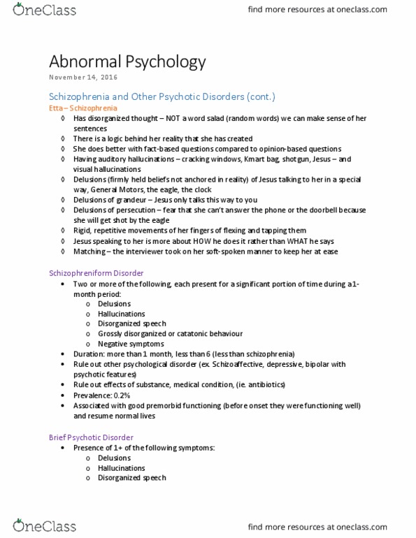 PSYC 3390 Lecture Notes - Lecture 17: Dsm-5, Childbirth, Schizoaffective Disorder thumbnail