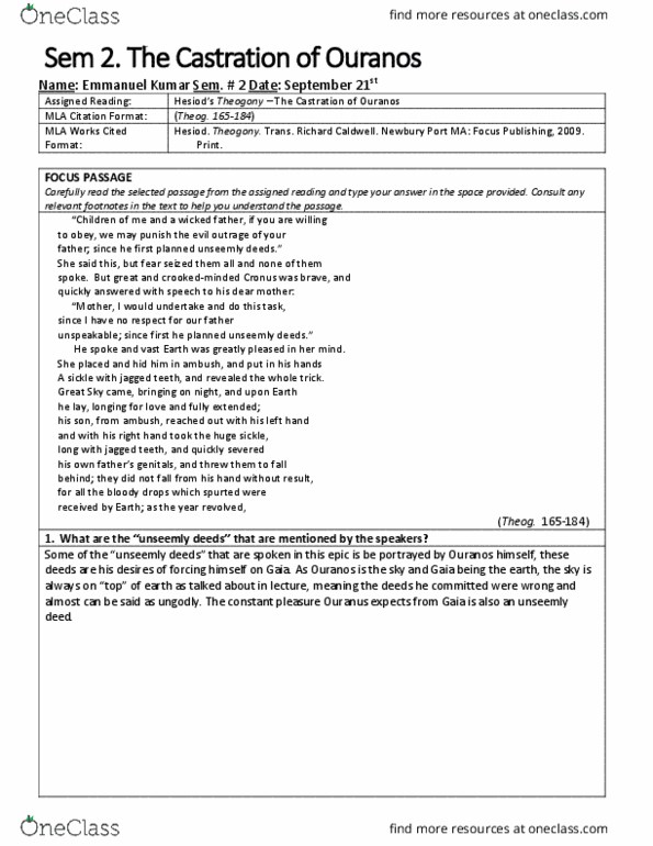 CLAS 1P95 Lecture Notes - Lecture 1: Cronus, Uranus (Mythology), Theogony thumbnail