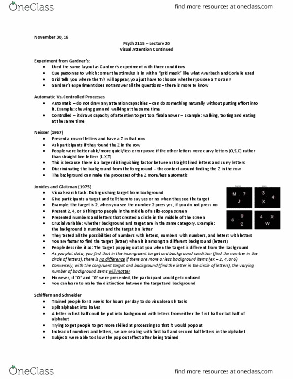Psychology 2115A/B Lecture Notes - Lecture 20: Psych, Visual Search thumbnail