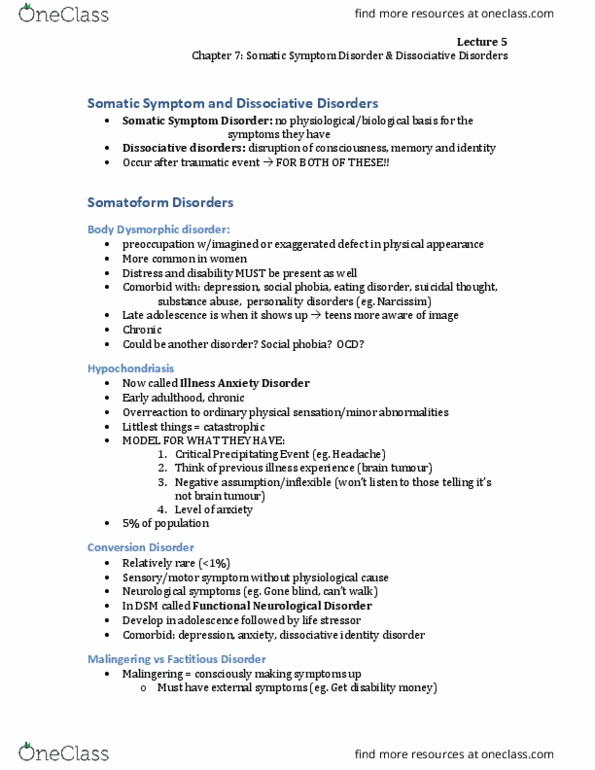 PSYB32H3 Lecture Notes - Lecture 5: Generalized Anxiety Disorder, Dissociative Identity Disorder, Ethology thumbnail