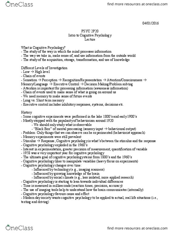 PSYC 2P20 Lecture Notes - Lecture 1: Cognitive Psychology, Short-Term Memory, Brain Damage thumbnail